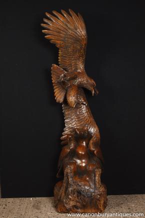 Large Hand Carved Oak American Eagle Statue Bird Prey Bald