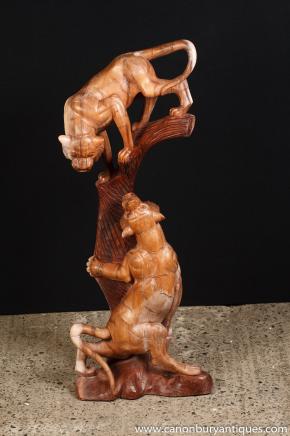 Large Victorian Hand Carved Lion Cub Cat Statue 