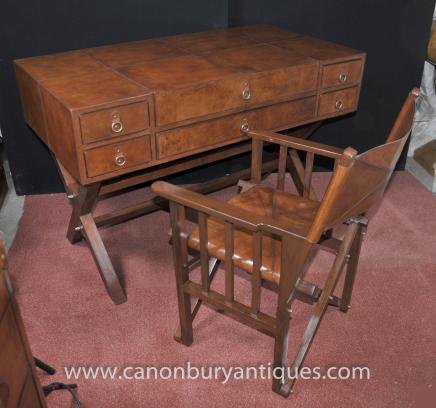 Leather Campaign Desk and Chair Set Writing Table Luggage Office Furniture