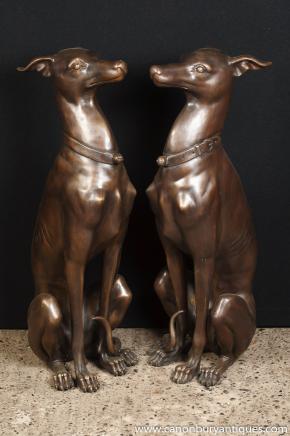Pair Art Deco Bronze Greyhound Dogs Greyhounds