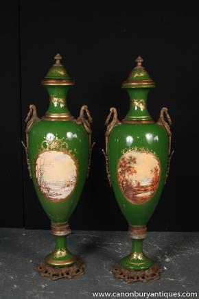 Pair Big Sevres Porcelain Amphora Urns Champleve Vases 