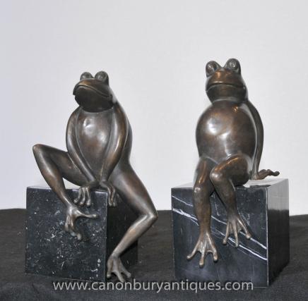 Pair Bronze Frog Toad Statues Casting Bookends Marble Base