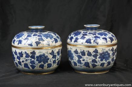 Pair Chinese Kangxi Blue White Porcelain Lidded Pots Jars Pottery