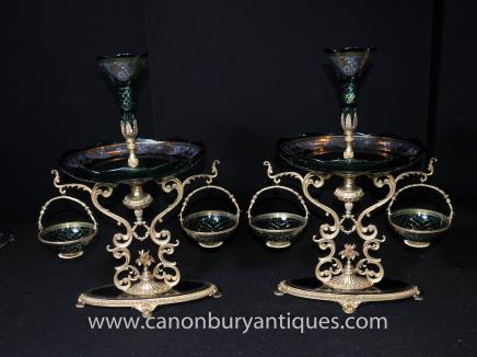 Pair Cut Glass French Empire Epergnes Centrepiece Stands 