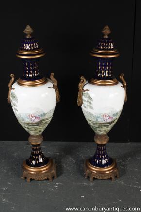 Pair Dresden Porcelain Urns Vases Architectural Pottery 