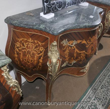 Pair Empire Bombe Commodes Chests of Drawers Inlay French Furniture 