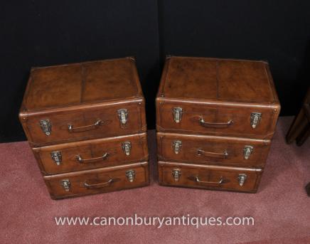 Pair English Leather Campaign Bedside Chests Nightstands Furniture
