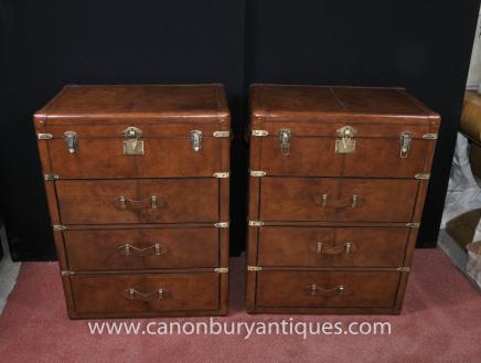 Pair English Leather Campaign Chest Drawers Commodes Furniture