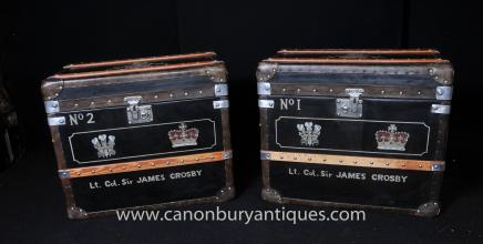 Pair English Leather Luggage Trunks Boxes Coffee Side Tables 
