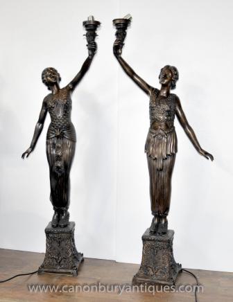 Pair French Art Nouveau Bronze Female Figurine Lamps Candelabras Torcheres
