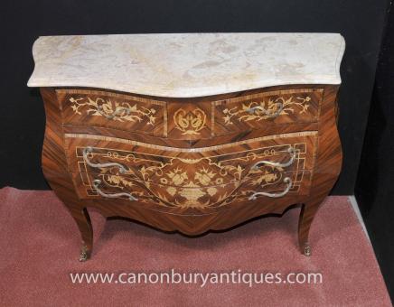 Pair French Empire Chest Drawers Marquetry Inlay Bombe Commodes