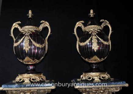Pair French Empire Cut Glass Bulbous Urns Vases 