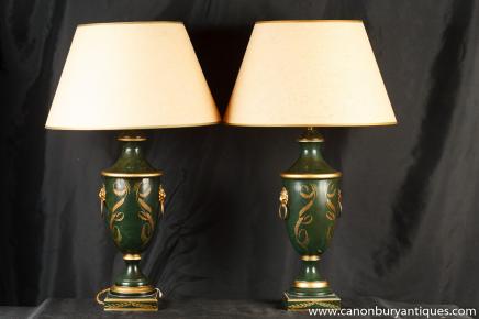 Pair French Empire Table Lamps Porcelain Amphora Urn Lights