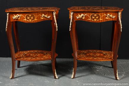 Pair French Louis XIV Cocktail Tables Side Table Marquetry Inlay 