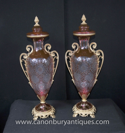 Pair French Louis XV Glass Vases Lidded Urns Empire Glassware