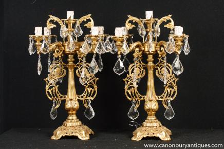 Pair French Ormolu Empire Table Lamps Lights Cut Glass