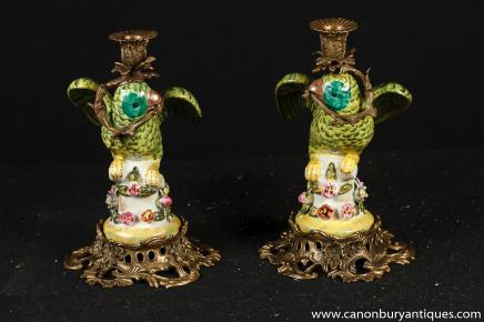 Pair French Porcelain Parrot Candle Holders Ormolu Candelabras 