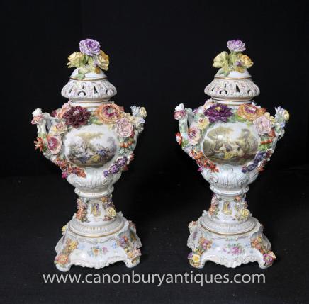 Pair German Dresden Porcelain Floral Encrusted Urns Vases 
