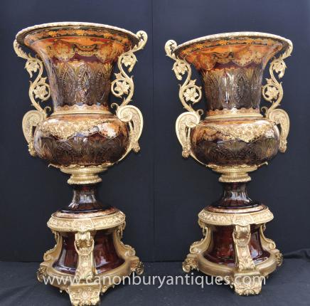 Pair Giant Russian Imperial Cut Glass Campana Urns Vases