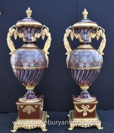 Pair Large Empire Cut Glass Amphora Urns Maiden Ormolu Handles French Vase