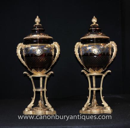 Pair Large Russian Cut Glass Urns Vases Stands Imperial Crystal 