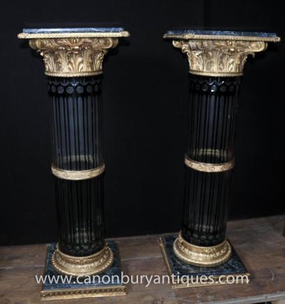Pair Louis XV Crystal Glass Cornthian Column Pedestal Tables 