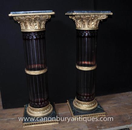Pair Louis XVI Cut Glass Pedestal Stands Corinthian Columns Tables