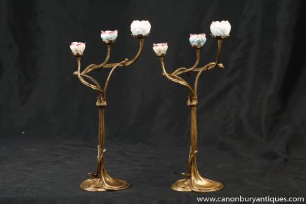 Pair Ormolu Art Nouveau Encrusted Floral Candlesticks Candelabras Candle