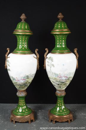 Pair Paris Sevres Porcelain Amphora Urns Vases French Pottery 