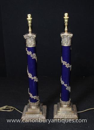 Pair Regency Column Table Lamps Lights Corinthian Ormolu