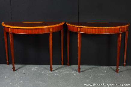 Pair Regency Demi Lune Console Tables Satinwood Inlay