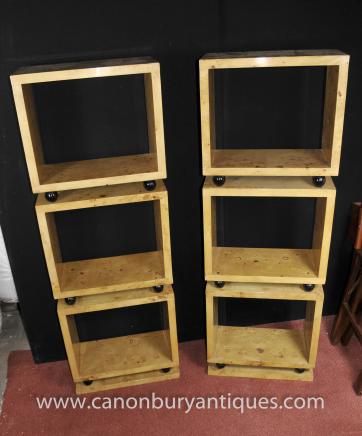 Pair Tall Art Deco Bookcases Shelf Units Blonde Walnut Furniture