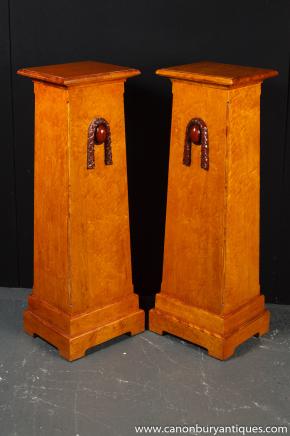 Pair Walnut Arts and Craft Plinths Pedestal Table Stands Deco