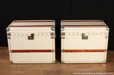 Pair White Leather English Luggage Trunks Boxes Side Tables 