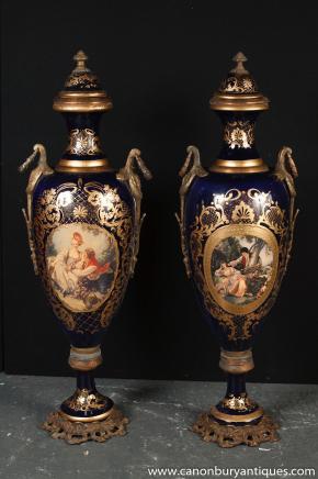 Pair XL German Dresden Porcelain Amphora Vases Urns 