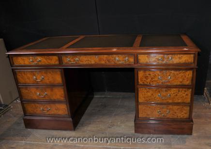 Regency Walnut Knee Hole Pedestal Desk Writing Table Bureau