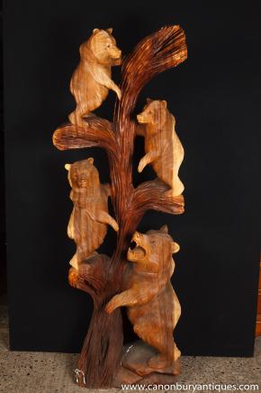 XL Black Forest Hand Carved Bear Family Cubs Statue Sculpture German 