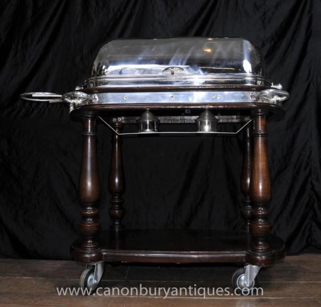 Antique Victorian Wood Silverplate Beef Carving Trolley Hotel Carvery
