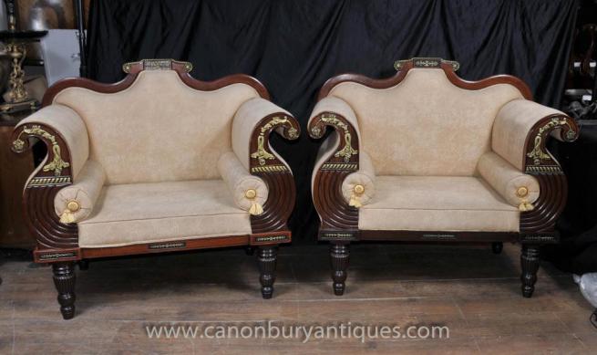 Pair Antique Thomas Hope Settee Seats Mahogany Parcel Gilt Chairs Couch