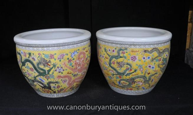 Pair Chinese Ming Porcleain Dragon Planters Yellow Ceramic Pots Pottery