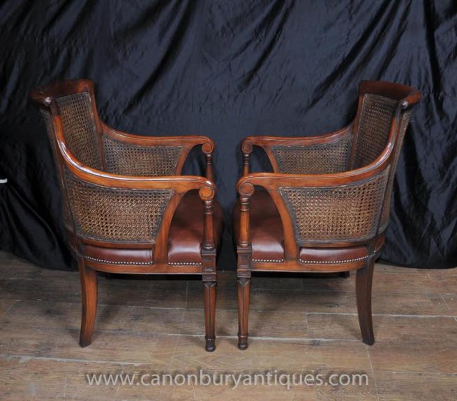 Pair French Bergere Arm Chairs Fauteils Mahogany Rattan Chair