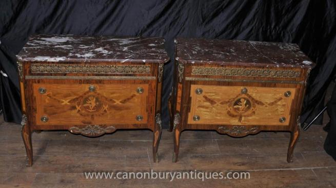 Pair French Empire Antique Chests Commodes Cherub Inlay