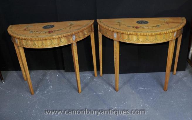 Pair Sheraton Console Tables Painted Satinwood Classical Table