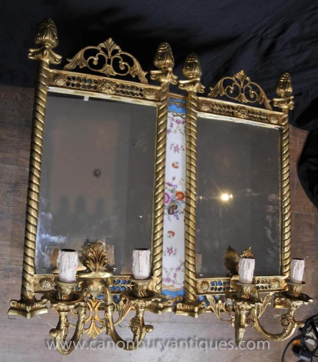 Pair Victorian Ormolu Mirrored Sconces Girandoles Candelabras