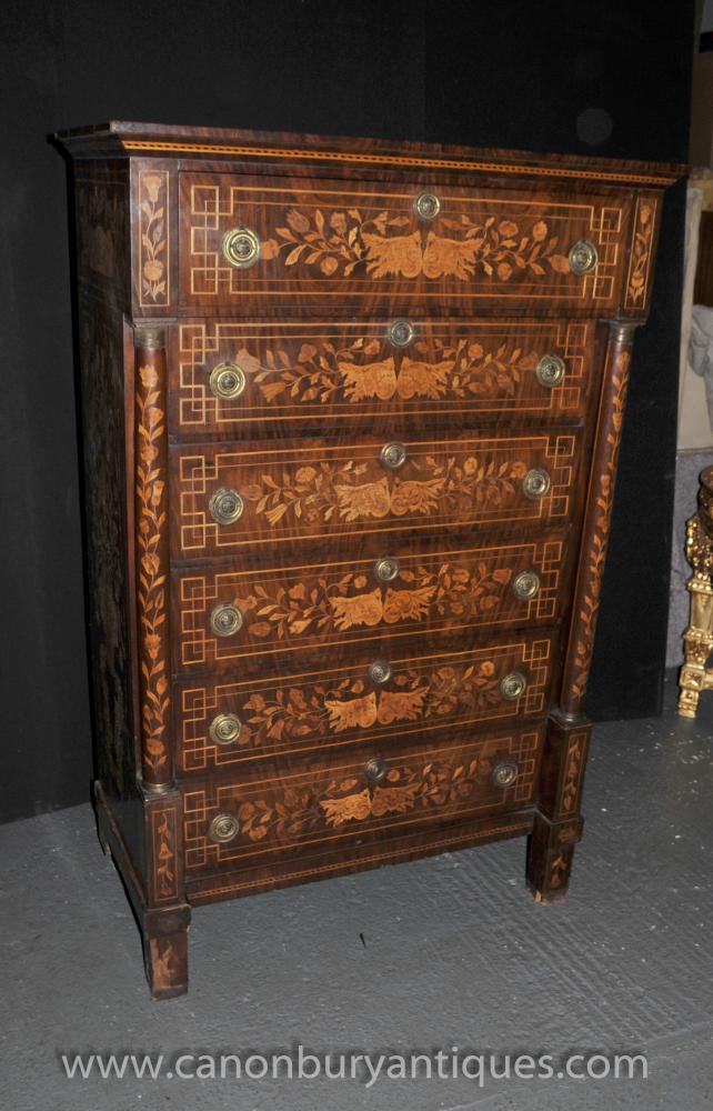 Antique 1820 Dutch Marquetry Chest Drawers Tall Boy Inlay