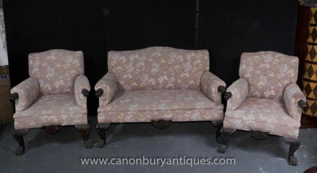 Antique Chippendale Sofa Set Arm Chair Couch Seats Hand Carved Settee