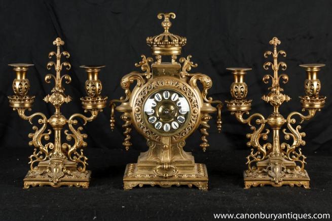 Antique French Rococo Clock Set Garniture Candelabras Empire