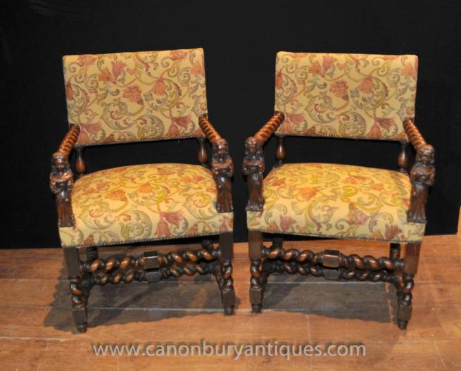 Antique Walnut Hand Carved Italian Arm Chairs Barley Twist 1860
