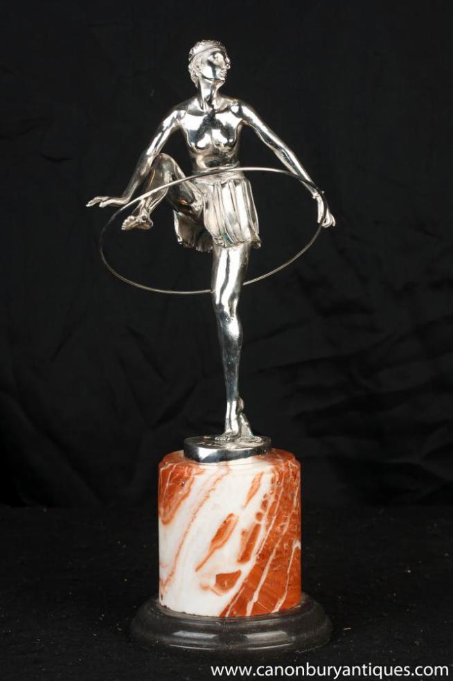 Art Deco Silver Bronze Hoop Dancer Statue Signed Alonzo