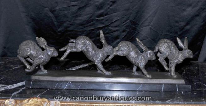 English Bronze Running Rabbits Statue Rabbit Casting